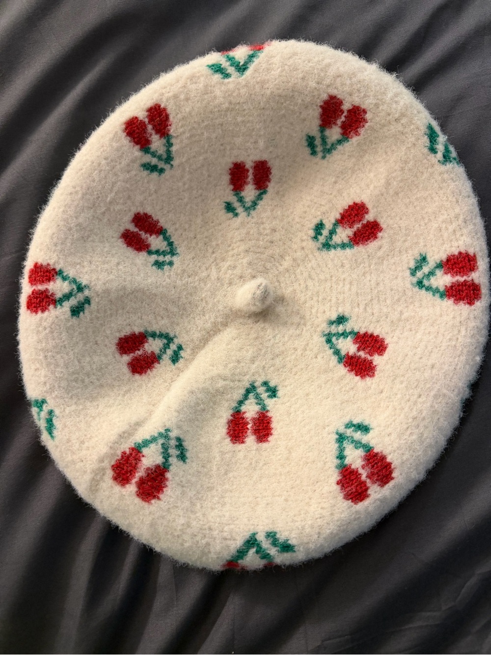 Maeve Cream Beret with Red Cherry Motif